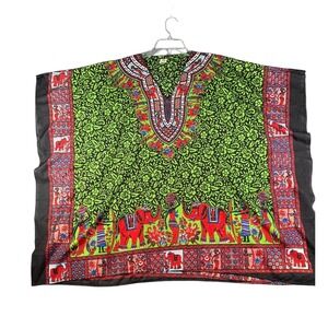 Ace Fashion Green Elephant Print Caftan Tunic Top One Size‎ Boho Festival
